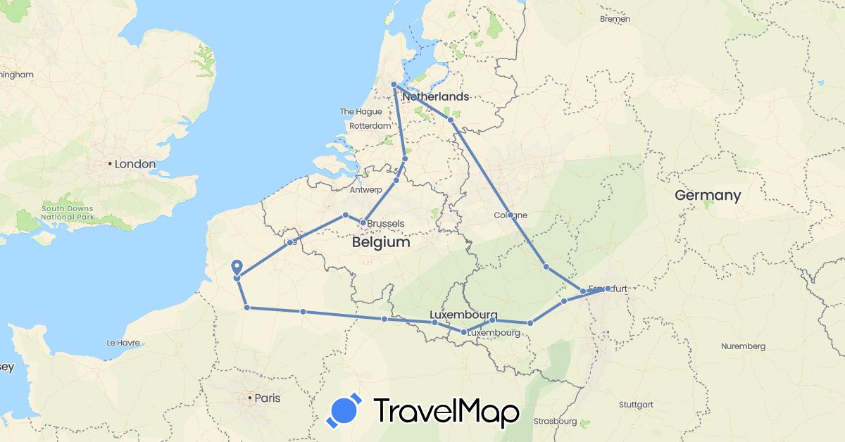 TravelMap itinerary: driving, cycling in Belgium, Germany, France, Luxembourg, Netherlands (Europe)